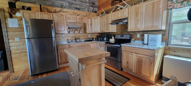 747 Upper Ruby Rd, Alder, MT 59755 - kitchen with stainless steel appliances, light brown cabinetry, under cabinet range hood, and butcher block counters