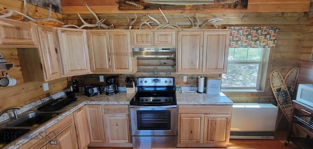 747 Upper Ruby Rd, Alder, MT 59755 - kitchen with electric stove, light brown cabinets, white microwave, and light stone countertops
