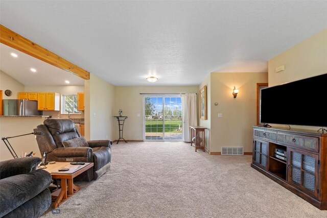 125 N Pheasant Dr, Bozeman, MT 59718 - living room featuring light carpet, baseboards, plenty of natural light, and recessed lighting