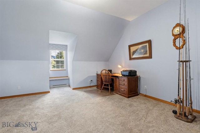 125 N Pheasant Dr, Bozeman, MT 59718 - office space with light carpet, vaulted ceiling, a baseboard radiator, and baseboards