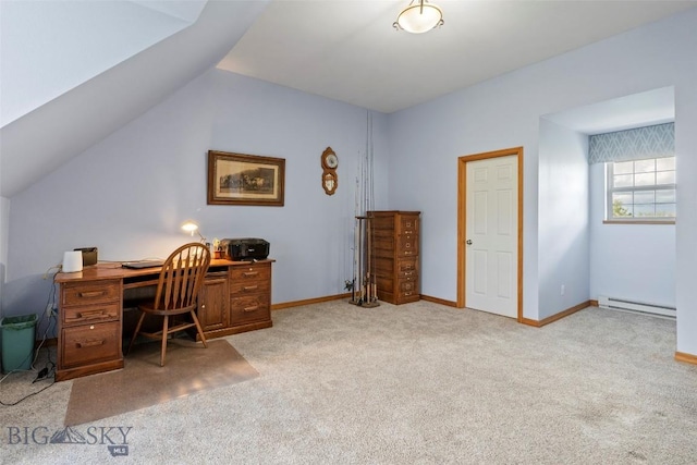 125 N Pheasant Dr, Bozeman, MT 59718 - office space with a baseboard heating unit, light colored carpet, vaulted ceiling, and baseboards