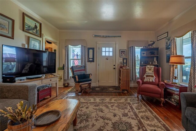 207 2nd St E, Clyde Park, MT 59018 - living area with hardwood / wood-style flooring, ornamental molding, and baseboards