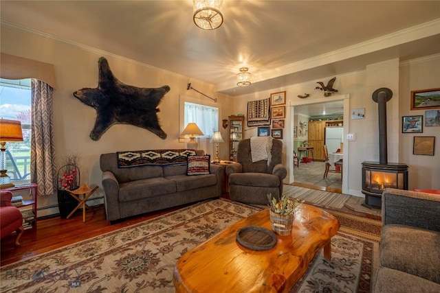 207 2nd St E, Clyde Park, MT 59018 - living room featuring ornamental molding, wood finished floors, a wood stove, and baseboards