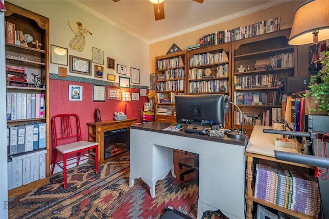 207 2nd St E, Clyde Park, MT 59018 - carpeted office space featuring a ceiling fan and crown molding