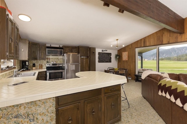 1930 Yellowtail, Big Sky, MT 59716 - kitchen featuring appliances with stainless steel finishes, a sink, wooden walls, backsplash, and open floor plan