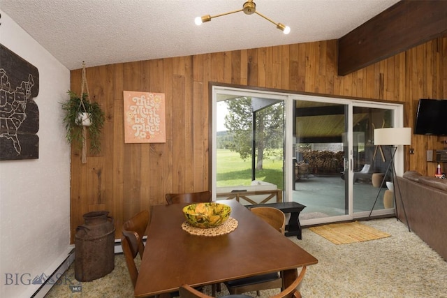 1930 Yellowtail, Big Sky, MT 59716 - carpeted dining space with lofted ceiling, wood walls, a baseboard heating unit, and a textured ceiling