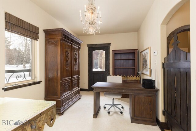 45 Cutthroat Trout, Big Sky, MT 59716 - office space featuring a chandelier, light carpet, and baseboards