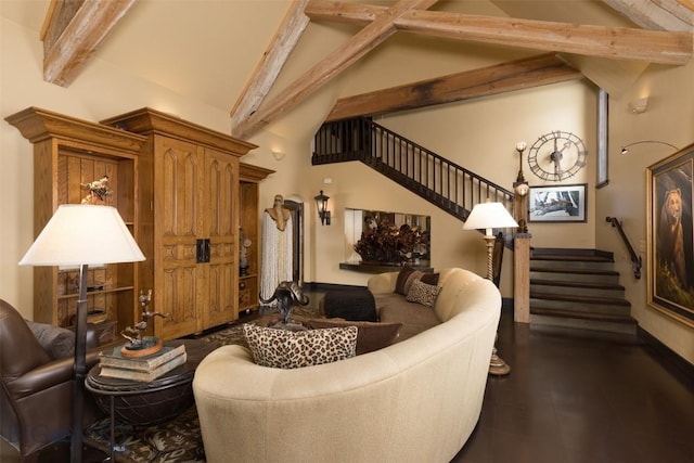 45 Cutthroat Trout, Big Sky, MT 59716 - living room with stairway, beam ceiling, baseboards, and high vaulted ceiling