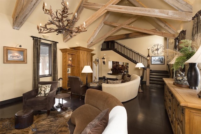 45 Cutthroat Trout, Big Sky, MT 59716 - living room featuring stairway, beam ceiling, high vaulted ceiling, dark wood-type flooring, and baseboards