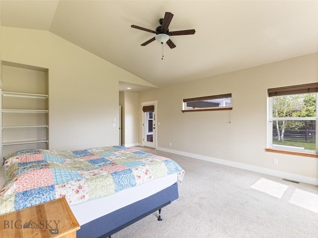 50 Pattee Trl, Bozeman, MT 59718 - bedroom featuring vaulted ceiling, carpet, baseboards, and a ceiling fan