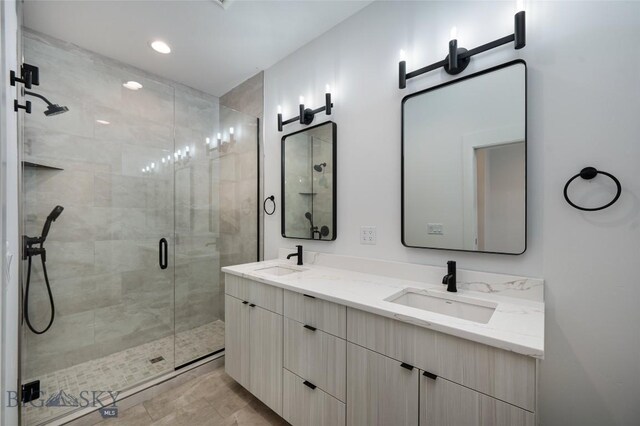 1745 Windward Ave Unit A, Bozeman, MT 59718 - full bathroom featuring a stall shower, double vanity, and recessed lighting