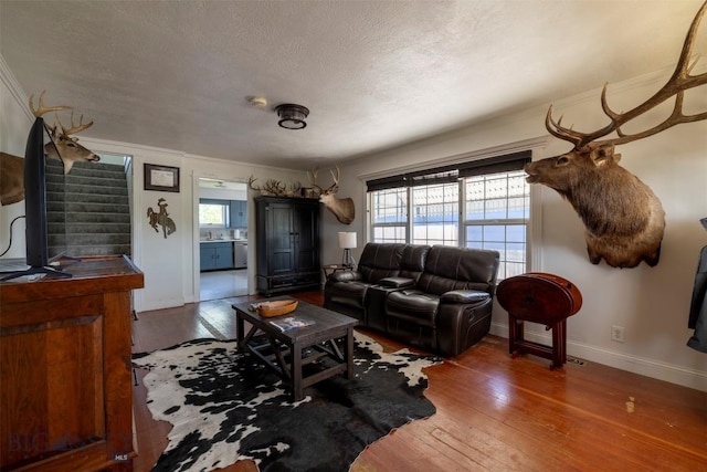 411 W Railroad Ave N, Manhattan, MT 59741 - living area with hardwood / wood-style flooring, baseboards, stairway, a textured ceiling, and ornamental molding