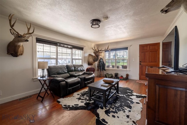 411 W Railroad Ave N, Manhattan, MT 59741 - living room featuring a textured ceiling, ornamental molding, wood-type flooring, and baseboards