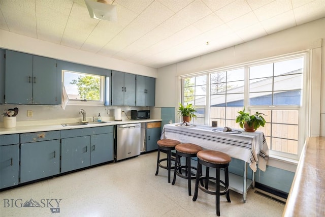 411 W Railroad Ave N, Manhattan, MT 59741 - kitchen with a sink, stainless steel dishwasher, black microwave, light countertops, and dishwashing machine