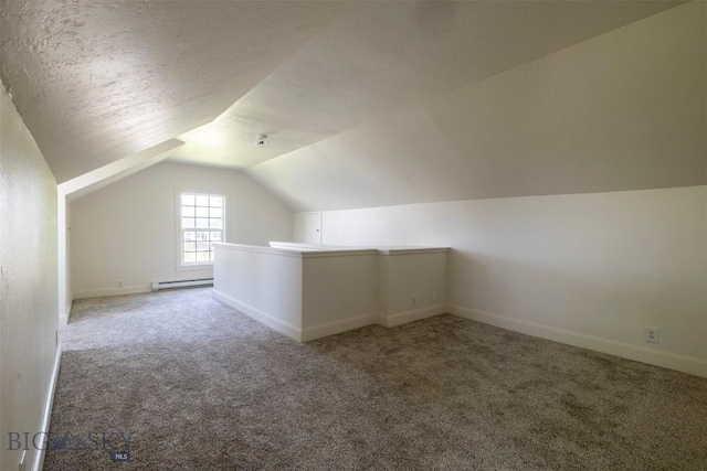 411 W Railroad Ave N, Manhattan, MT 59741 - additional living space with carpet, a baseboard heating unit, lofted ceiling, baseboards, and a textured ceiling