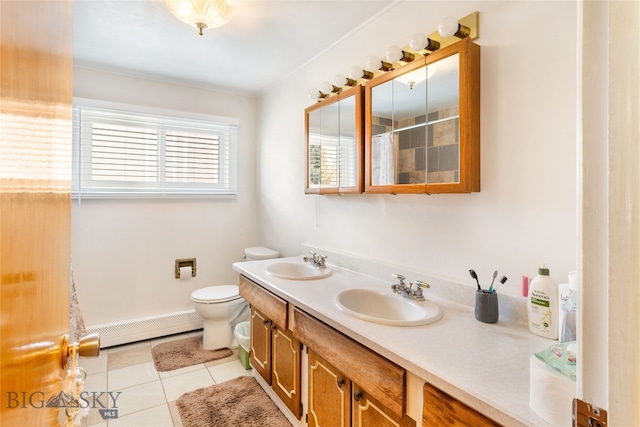2040 Adams, Butte, MT 59701 - full bath featuring a baseboard radiator, tile patterned floors, toilet, double vanity, and a shower with shower curtain
