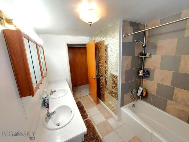 2040 Adams, Butte, MT 59701 - full bathroom with tiled shower, double vanity, tile patterned flooring, and a bath