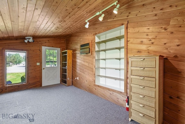 1385 Baldy Mountain Ln, Belgrade, MT 59714 - carpeted spare room featuring wooden walls, wood ceiling, lofted ceiling, and a wall unit AC