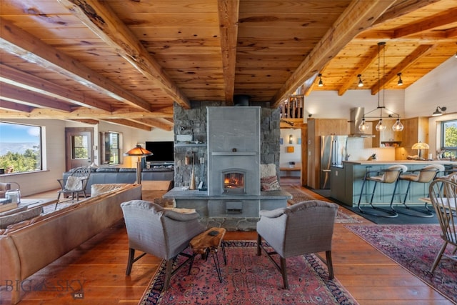 125 Rocky Mountain Mdws, Bozeman, MT 59715 - living room with hardwood / wood-style flooring and wood ceiling with exposed beams