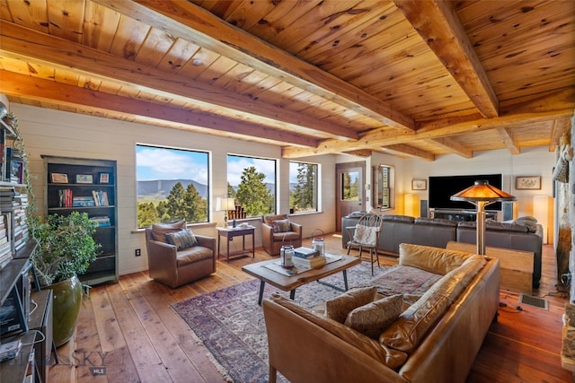 125 Rocky Mountain Mdws, Bozeman, MT 59715 - living area featuring hardwood / wood-style floors and wood ceiling with exposed beams