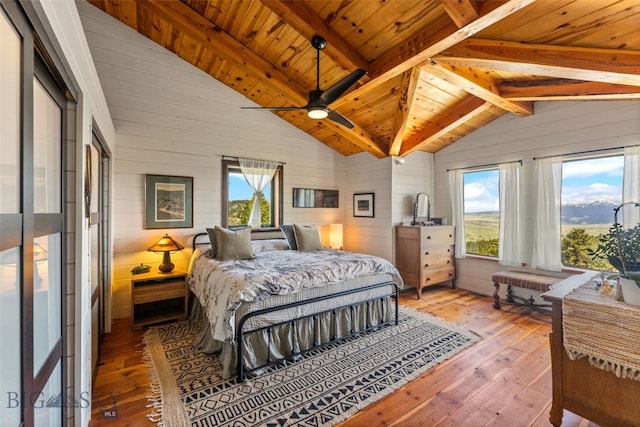125 Rocky Mountain Mdws, Bozeman, MT 59715 - bedroom featuring wood-type flooring, wooden walls, multiple windows, and wood ceiling