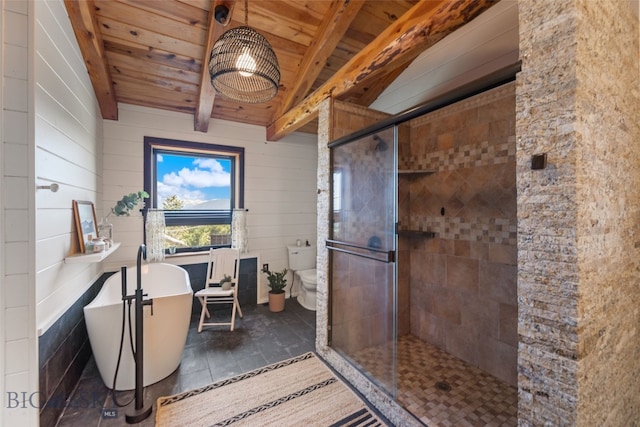 125 Rocky Mountain Mdws, Bozeman, MT 59715 - full bath with a freestanding bath, a shower stall, wooden ceiling with exposed beams, and toilet