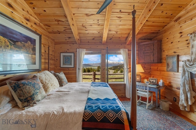 125 Rocky Mountain Mdws, Bozeman, MT 59715 - bedroom featuring wood ceiling, access to exterior, and wooden walls