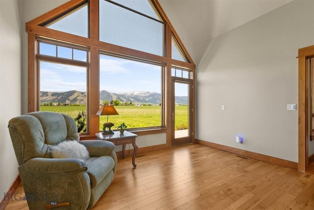 306 Glenbrook Ln, Belgrade, MT 59714 - living area with a mountain view, baseboards, high vaulted ceiling, and light wood finished floors