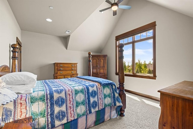306 Glenbrook Ln, Belgrade, MT 59714 - carpeted bedroom with vaulted ceiling, baseboards, recessed lighting, and a ceiling fan