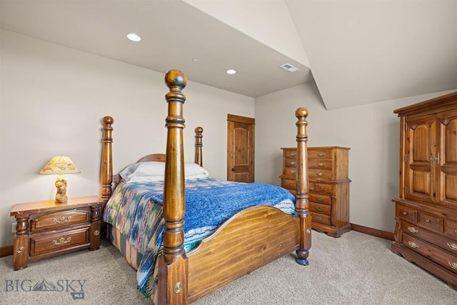 306 Glenbrook Ln, Belgrade, MT 59714 - bedroom with light carpet, baseboards, recessed lighting, and vaulted ceiling