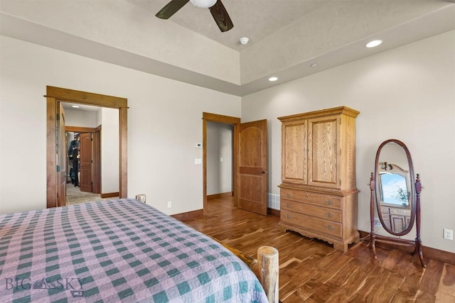 306 Glenbrook Ln, Belgrade, MT 59714 - bedroom featuring dark wood-style floors, baseboards, recessed lighting, and ceiling fan