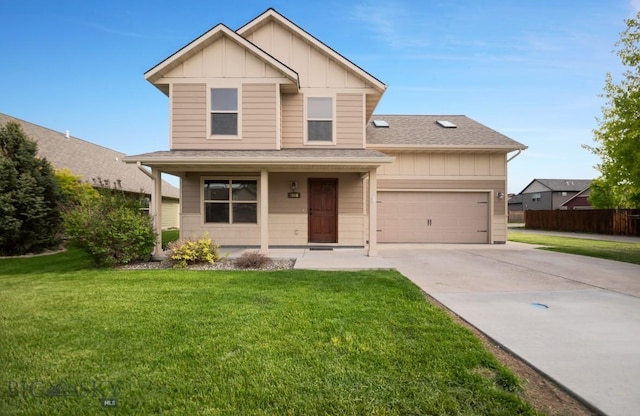 4068 Opal St, Bozeman, MT 59718 - view of front of house with board and batten siding, a porch, driveway, a garage, and a shingled roof