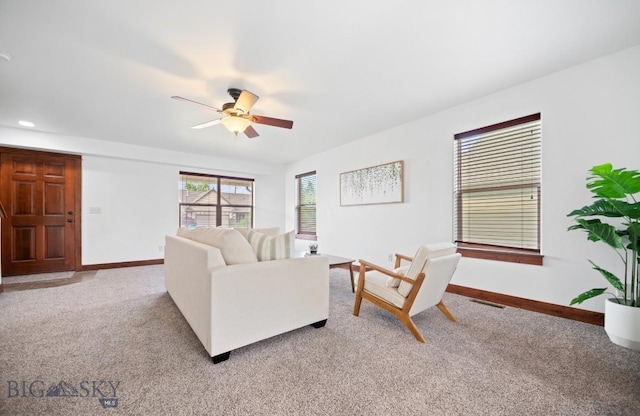 4068 Opal St, Bozeman, MT 59718 - living room featuring light colored carpet, ceiling fan, baseboards, and recessed lighting