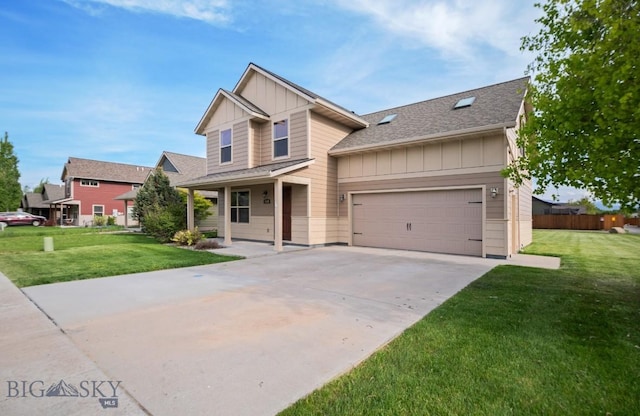 4068 Opal St, Bozeman, MT 59718 - view of front of property featuring board and batten siding, concrete driveway, an attached garage, a shingled roof, and covered porch
