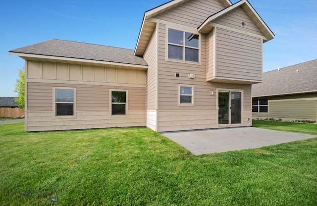 4068 Opal St, Bozeman, MT 59718 - rear view of property with a patio area, board and batten siding, a lawn, and a shingled roof