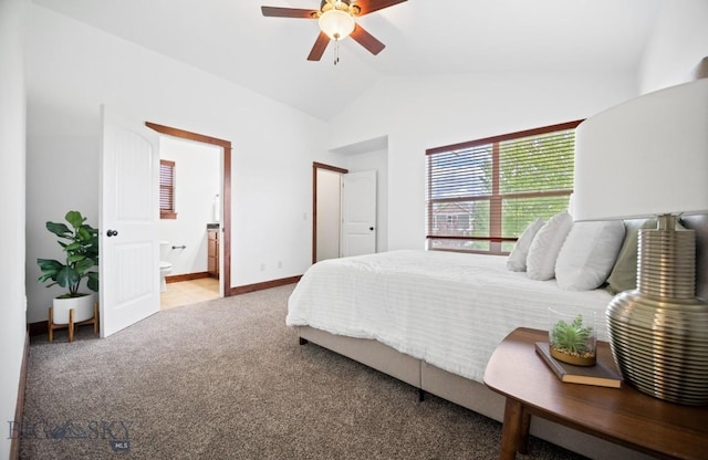4068 Opal St, Bozeman, MT 59718 - bedroom with vaulted ceiling, carpet flooring, connected bathroom, baseboards, and ceiling fan