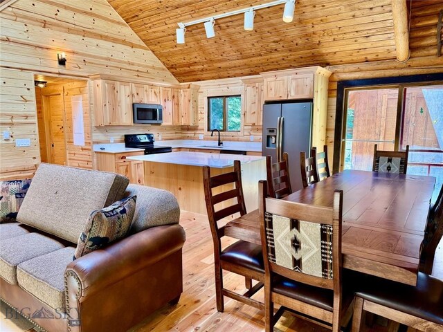 14 Ken Dan, Mcleod, MT 59052 - dining space with rail lighting, light wood-style flooring, high vaulted ceiling, wood walls, and wood ceiling