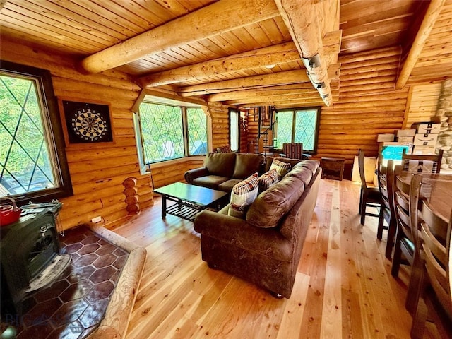 14 Ken Dan, Mcleod, MT 59052 - living area featuring wooden ceiling with exposed beams, a wood stove, hardwood / wood-style floors, plenty of natural light, and rustic walls