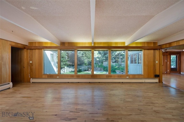 1524 S Grand, Bozeman, MT 59715 - unfurnished living room featuring wood walls, a textured ceiling, wood finished floors, baseboard heating, and beamed ceiling