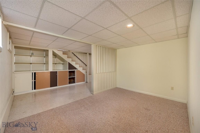 1524 S Grand, Bozeman, MT 59715 - carpeted empty room featuring stairway, baseboards, a drop ceiling, and recessed lighting
