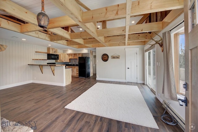 3456 Wave, Helena, MT 59602 - unfurnished living room with baseboard heating, baseboards, beamed ceiling, and dark wood finished floors