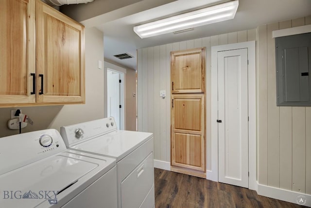 3456 Wave, Helena, MT 59602 - laundry room featuring cabinet space, electric panel, washer and dryer, and dark wood finished floors