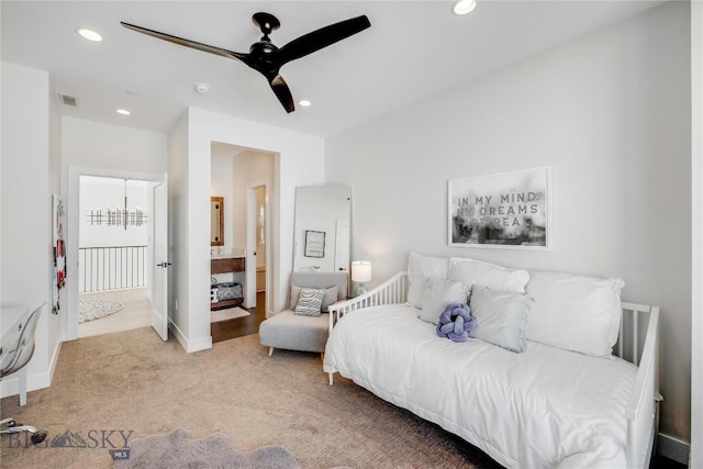 529 Clancy Way, Bozeman, MT 59718 - bedroom with carpet floors, recessed lighting, ensuite bathroom, and ceiling fan