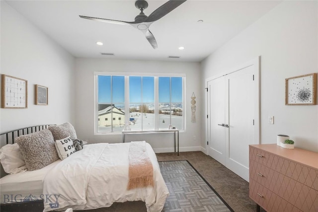 529 Clancy Way, Bozeman, MT 59718 - bedroom with recessed lighting, a ceiling fan, and dark colored carpet
