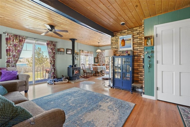 8422 Lake Park Trl, Helena, MT 59602 - living room with wood ceiling, a wood stove, ceiling fan, and wood finished floors