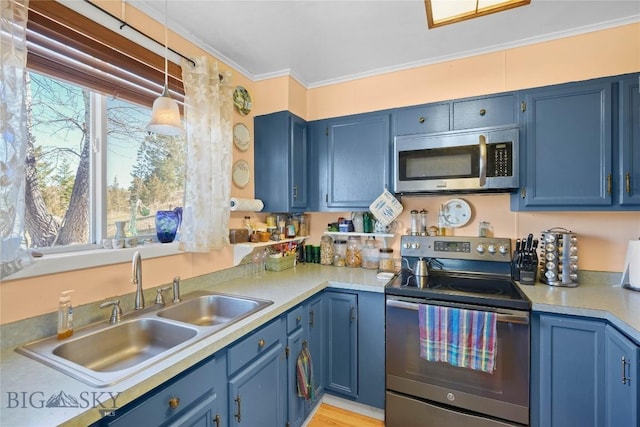8422 Lake Park Trl, Helena, MT 59602 - kitchen featuring appliances with stainless steel finishes, blue cabinetry, a sink, and crown molding