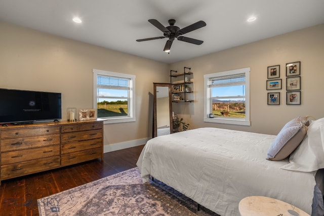 64 Duke Dr, Harrison, MT 59735 - bedroom featuring multiple windows, hardwood / wood-style floors, baseboards, a ceiling fan, and recessed lighting