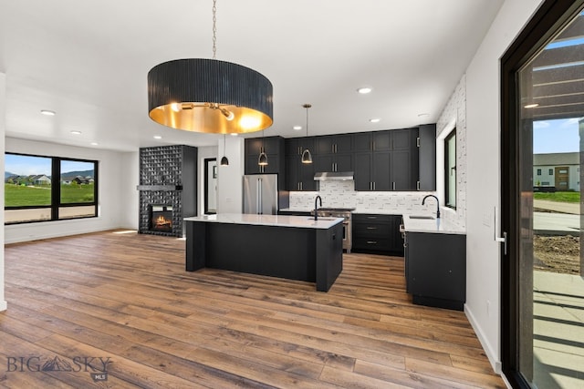 2939 S 30th Ave, Bozeman, MT 59718 - kitchen with a sink, stainless steel appliances, under cabinet range hood, light countertops, and dark cabinetry