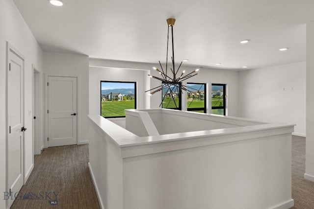 2939 S 30th Ave, Bozeman, MT 59718 - hall with dark carpet, baseboards, an upstairs landing, recessed lighting, and a chandelier