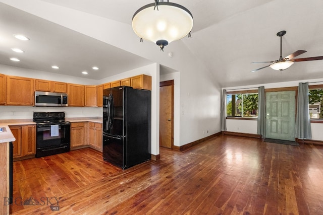 370 Prospector, Bozeman, MT 59718 - kitchen with black appliances, light countertops, dark wood-style floors, baseboards, and recessed lighting